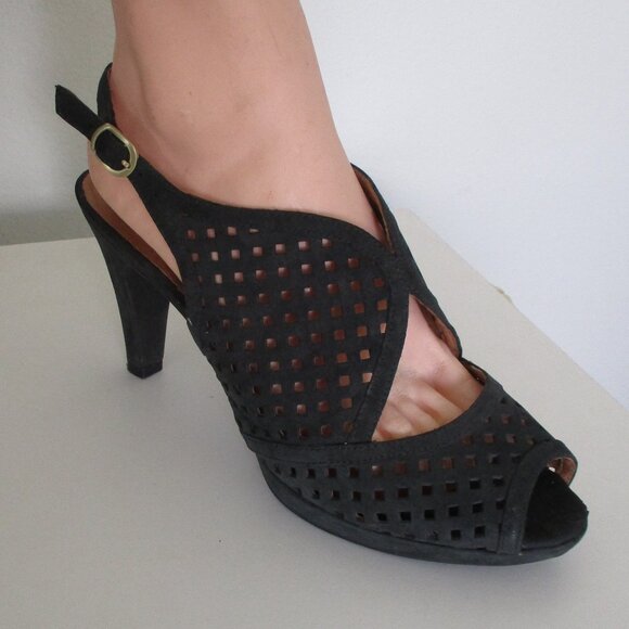 Clarks Artisan Womens Black Suede Lasercut Slingback Platform Peep Heel - 11M - Picture 1 of 9